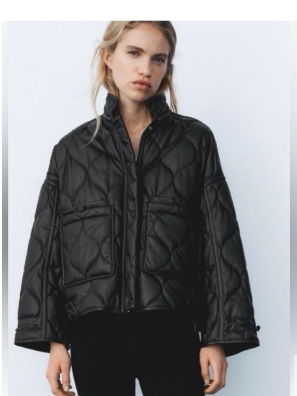 ZARA Black Faux Leather Oversized Quilted Bomber Jacket
